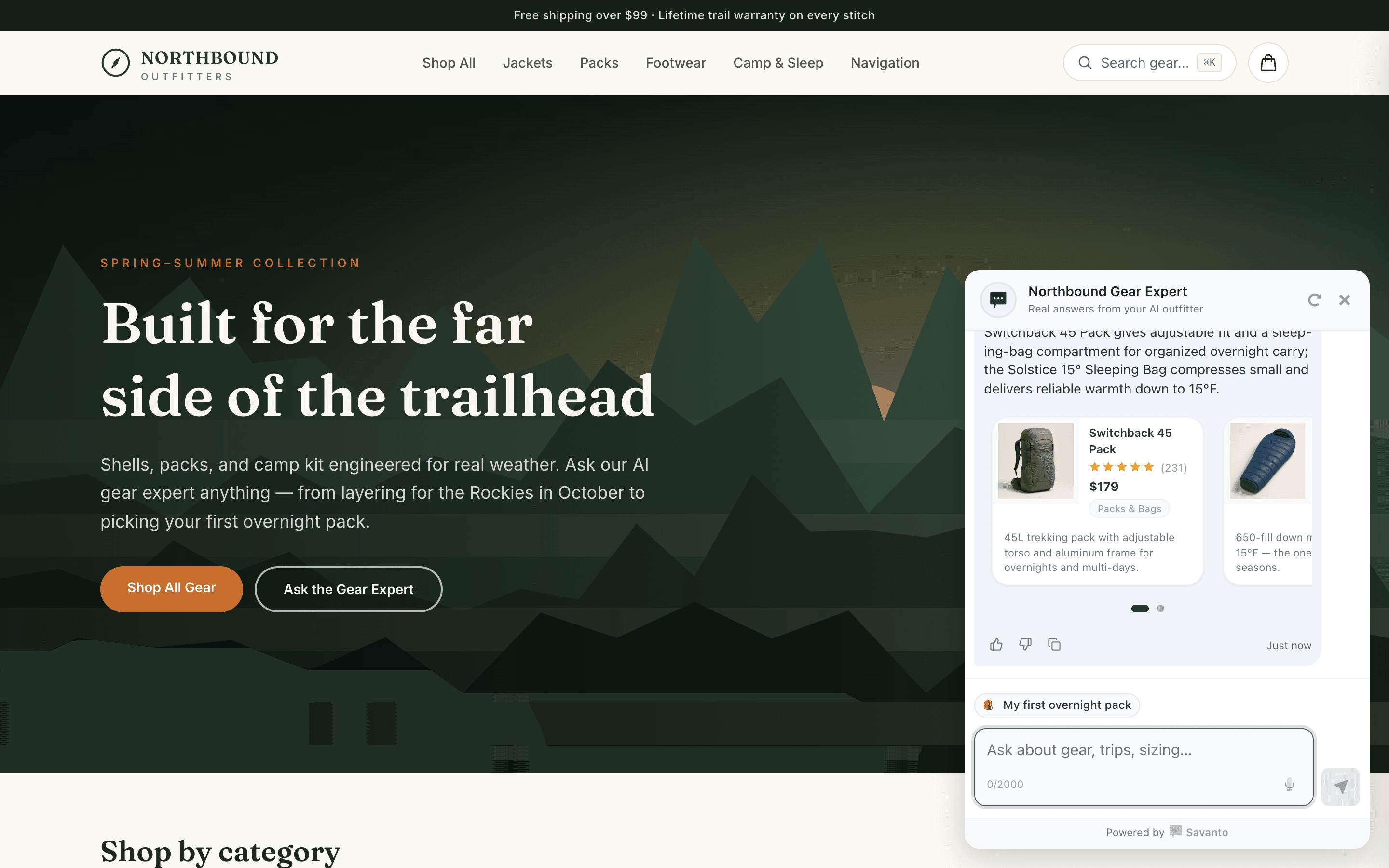 Savanto AI Chat on the Northbound Outfitters demo storefront