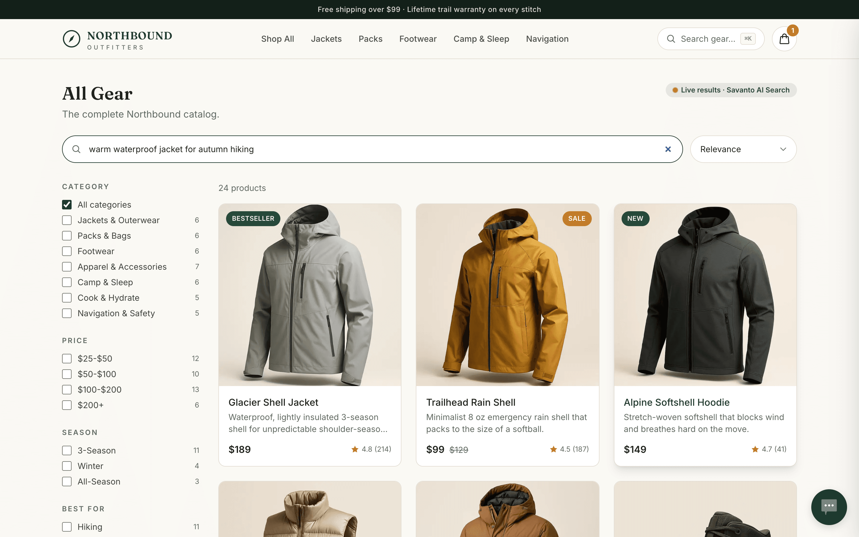 Savanto AI Search on the Northbound Outfitters demo storefront